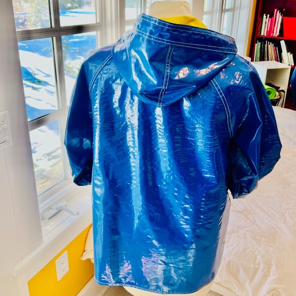 Vintage Aqua Sheen Rain Slicker  * Brilliant Shiny Blue Raincoat * medium/large - Picture 7 of 16